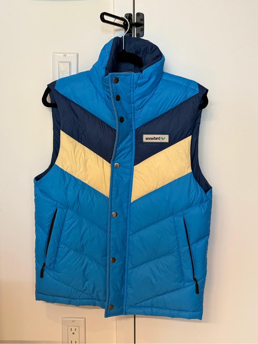 Blue Puffer Vest with Navy & Cream Chevron
